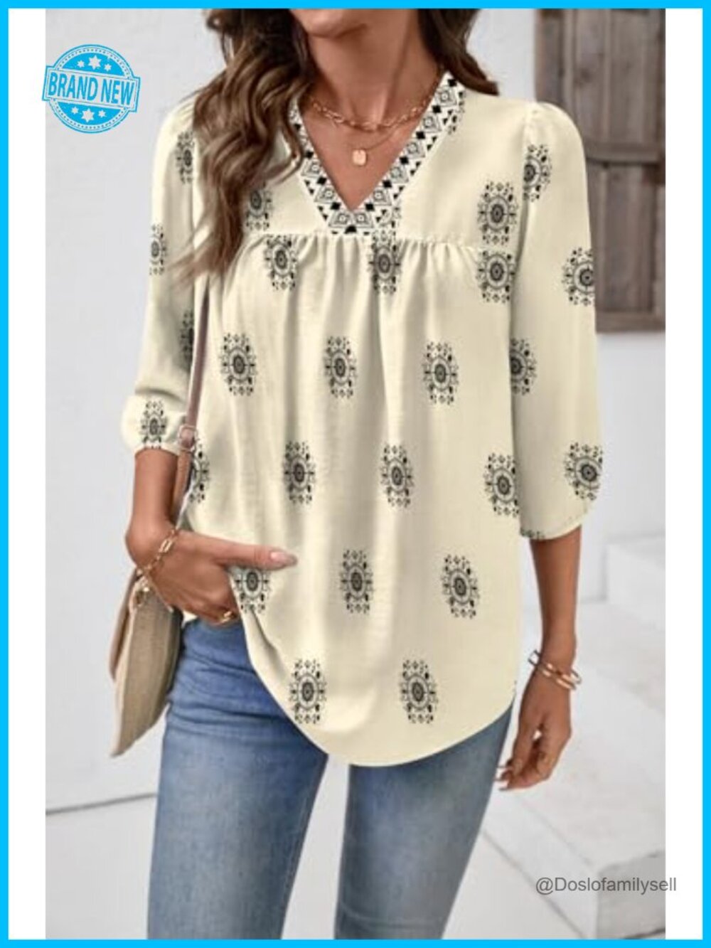 3/4 Sleeve V Neck Boho Blouse Tunic with Puff Sleeve - Picture 2 of 7